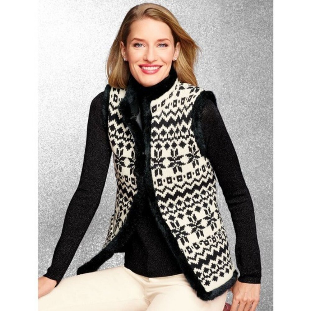 Talbots Black White Knit Snowflake Faux Fur Trim Vest Size XL